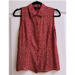 ANN TAYLOR Red & White Floral 100% Silk Sleeveless button up blouse size 2